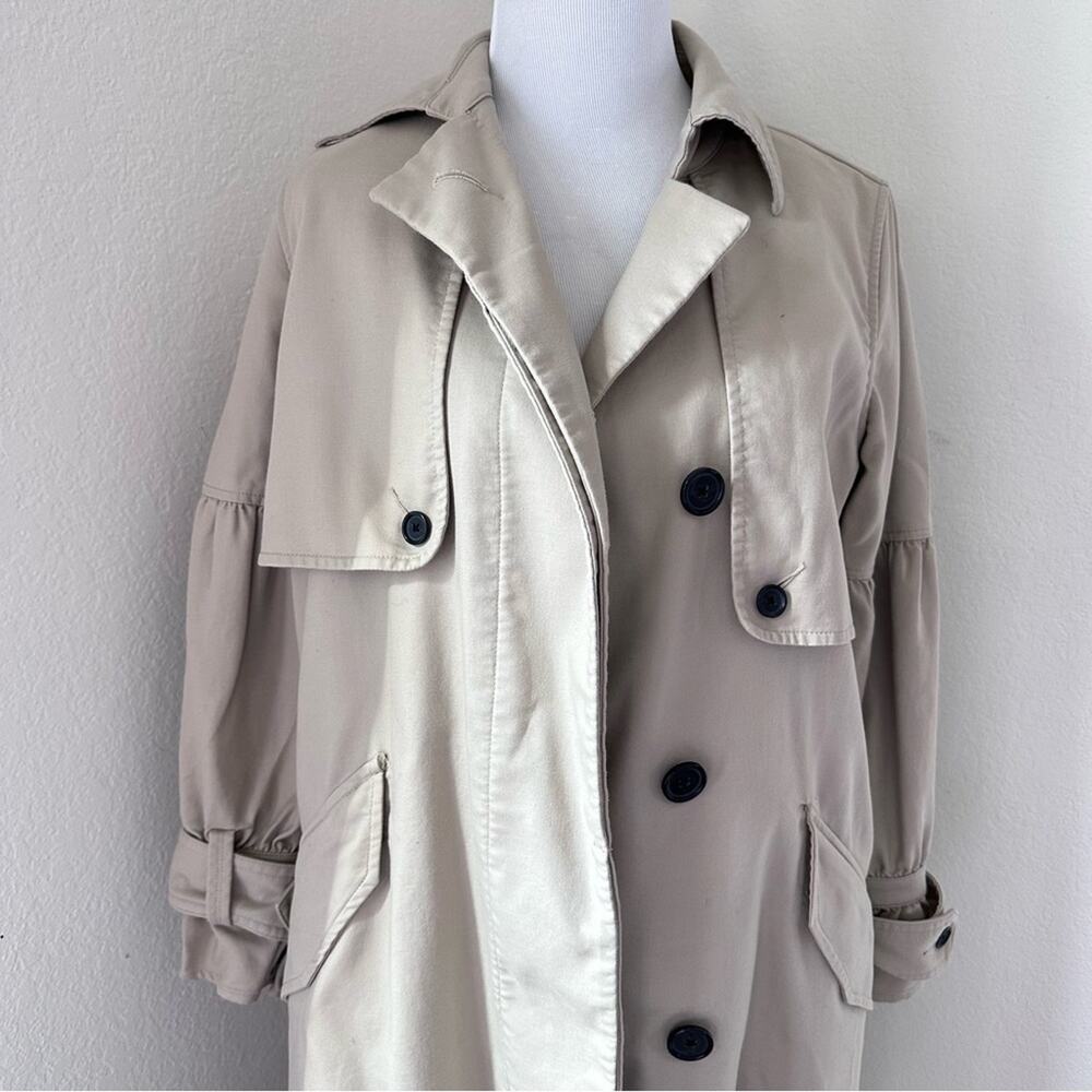 Joie Puff Sleeve Cotton Trench Coat Jacket Classic Beige Long Button-Front - Picture 13 of 14